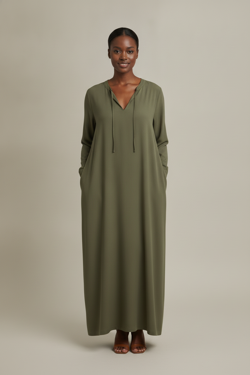 Maxi Jurk Dames met Lange Mouwen – Losvallende V-hals Jurk — Fernanda – Groen – vooraanzicht