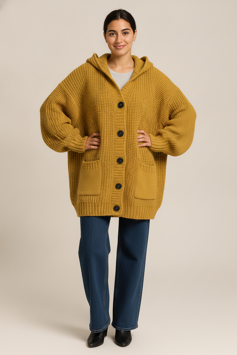 Gebreid Vest Dames met Capuchon – Oversized Cardigan — Isolde – Mosterd – vooraanzicht