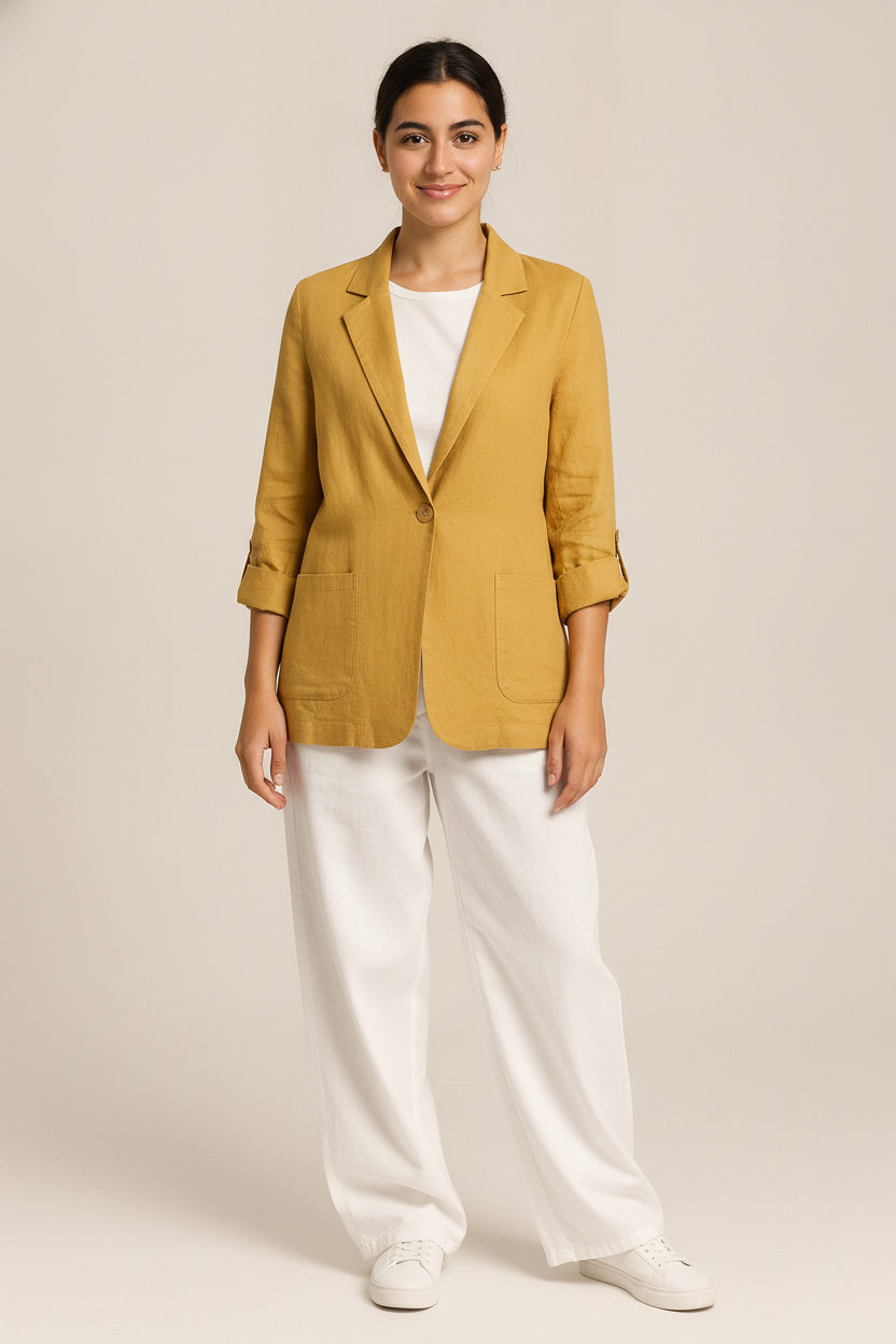 Lichte Blazer Dames met Opgerolde Mouwen – Casual Colbert — Ines – Oker – vooraanzicht