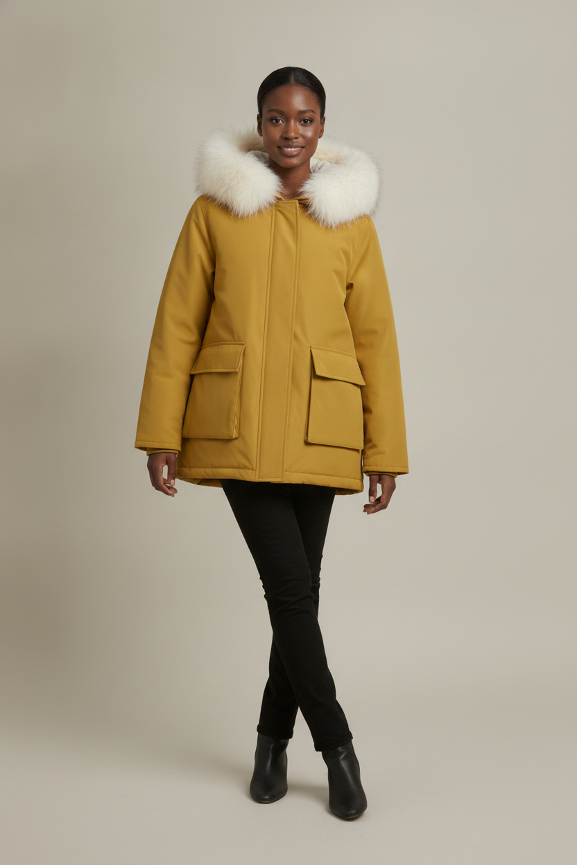 Winterjas Dames met Bontkraag Capuchon – Korte Parka — Quilla – Mosterd – vooraanzicht