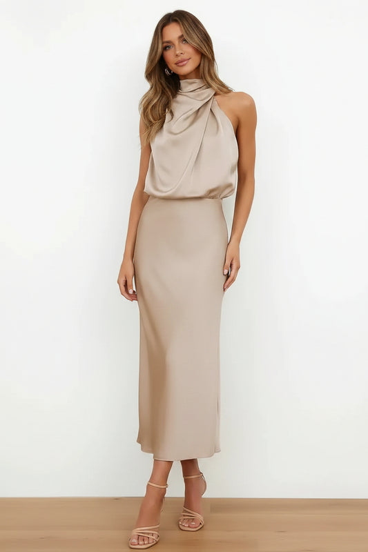 Mouwloze Midi Jurk met Hoge Hals Dames | Hoge Taille & Elegant | Solara
