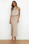 Mouwloze Midi Jurk met Hoge Hals Dames | Hoge Taille & Elegant | Solara