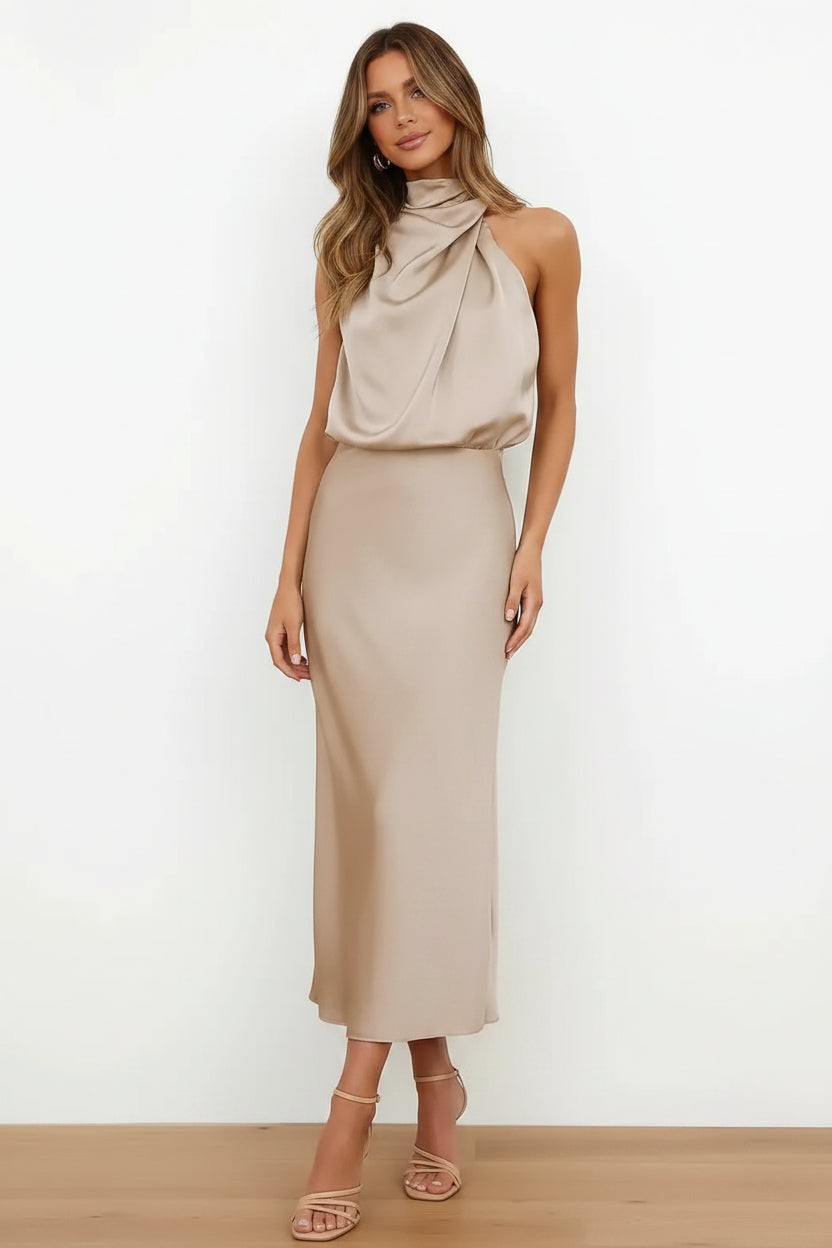 Mouwloze Midi Jurk met Hoge Hals Dames | Hoge Taille & Elegant | Solara