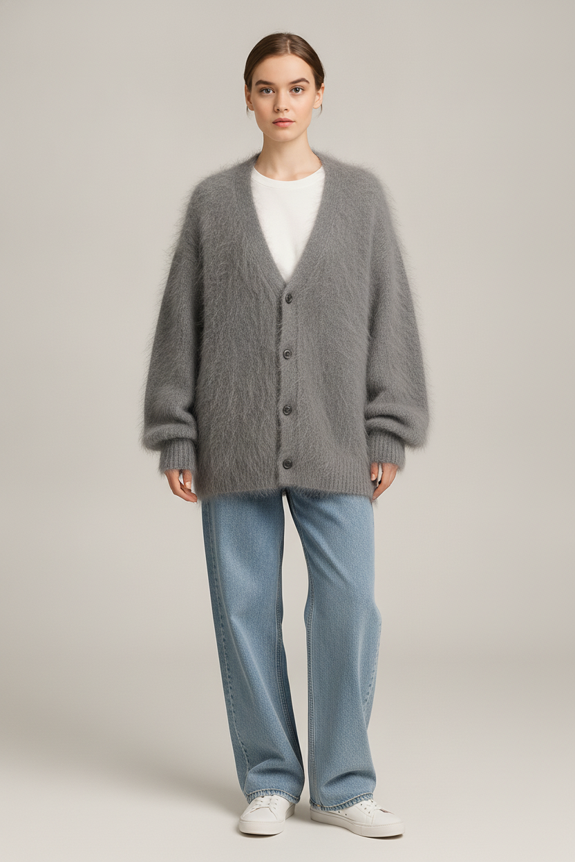 Pluizig Vest Dames met V-hals – Oversized Cardigan — Aurélie – Grijs – vooraanzicht