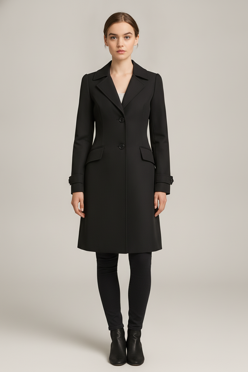 Trenchcoat Dames Getailleerd – Lange Tussenjas tot de Knie — Esperanza – Zwart – vooraanzicht