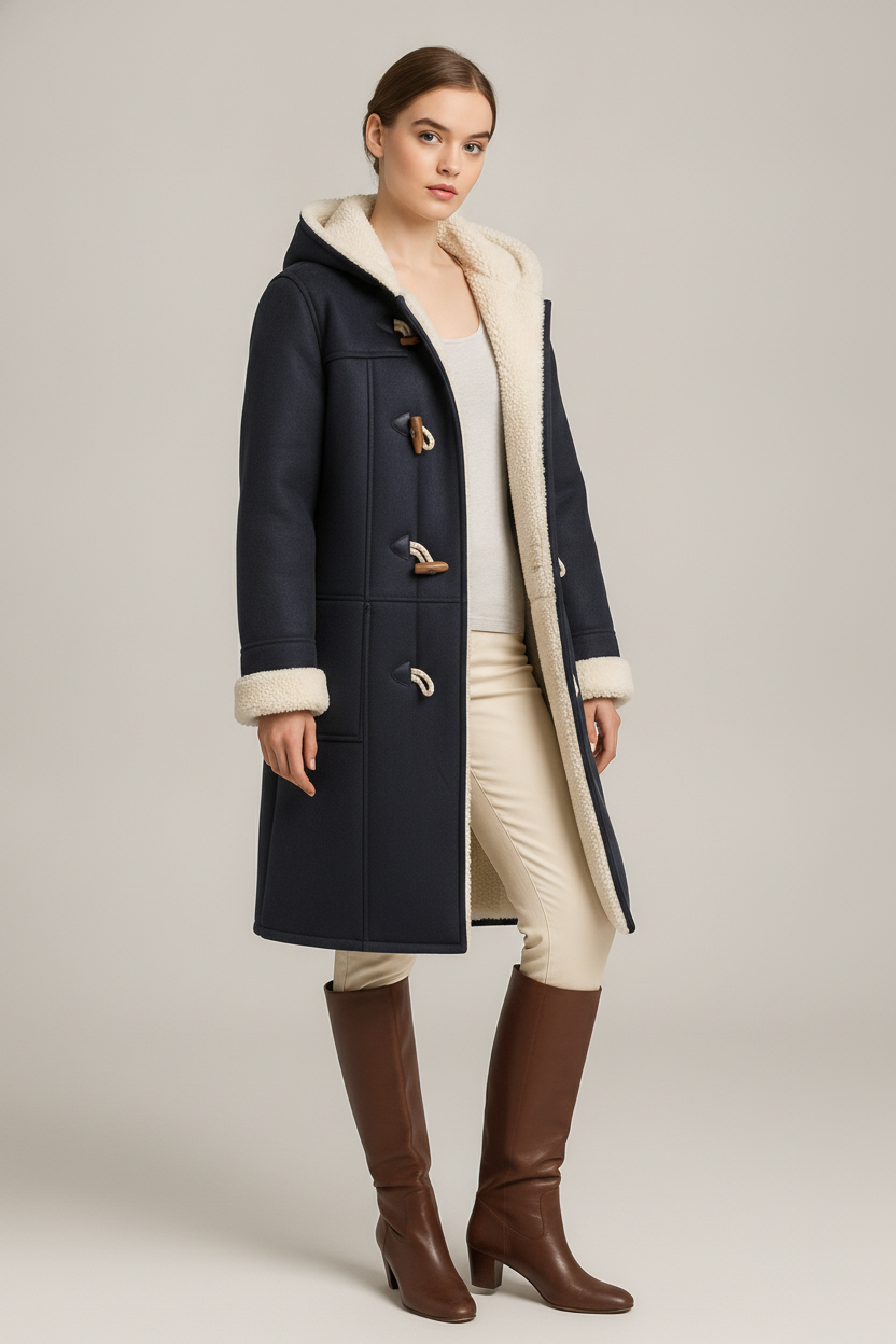 Lange Winterjas met Capuchon en Zakken — Tess – Marineblauw – vooraanzicht