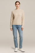 Pluizige Trui Dames met Ronde Hals – Ribgebreide Pullover in crème – vooraanzicht