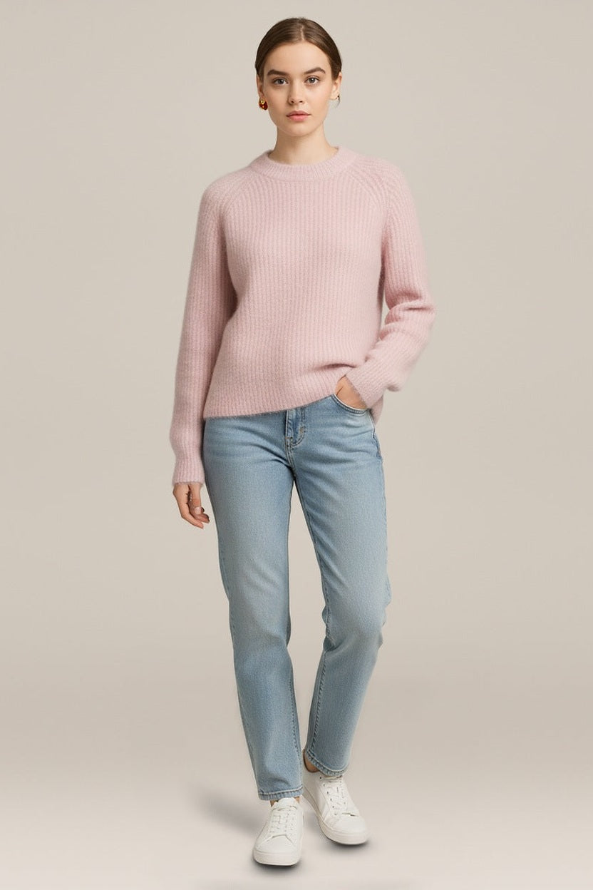 Pluizige Trui Dames met Ronde Hals – Ribgebreide Pullover in lichtroze – vooraanzicht