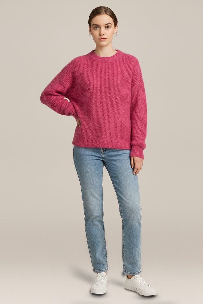 Pluizige Trui Dames met Ronde Hals – Ribgebreide Pullover in roze – vooraanzicht
