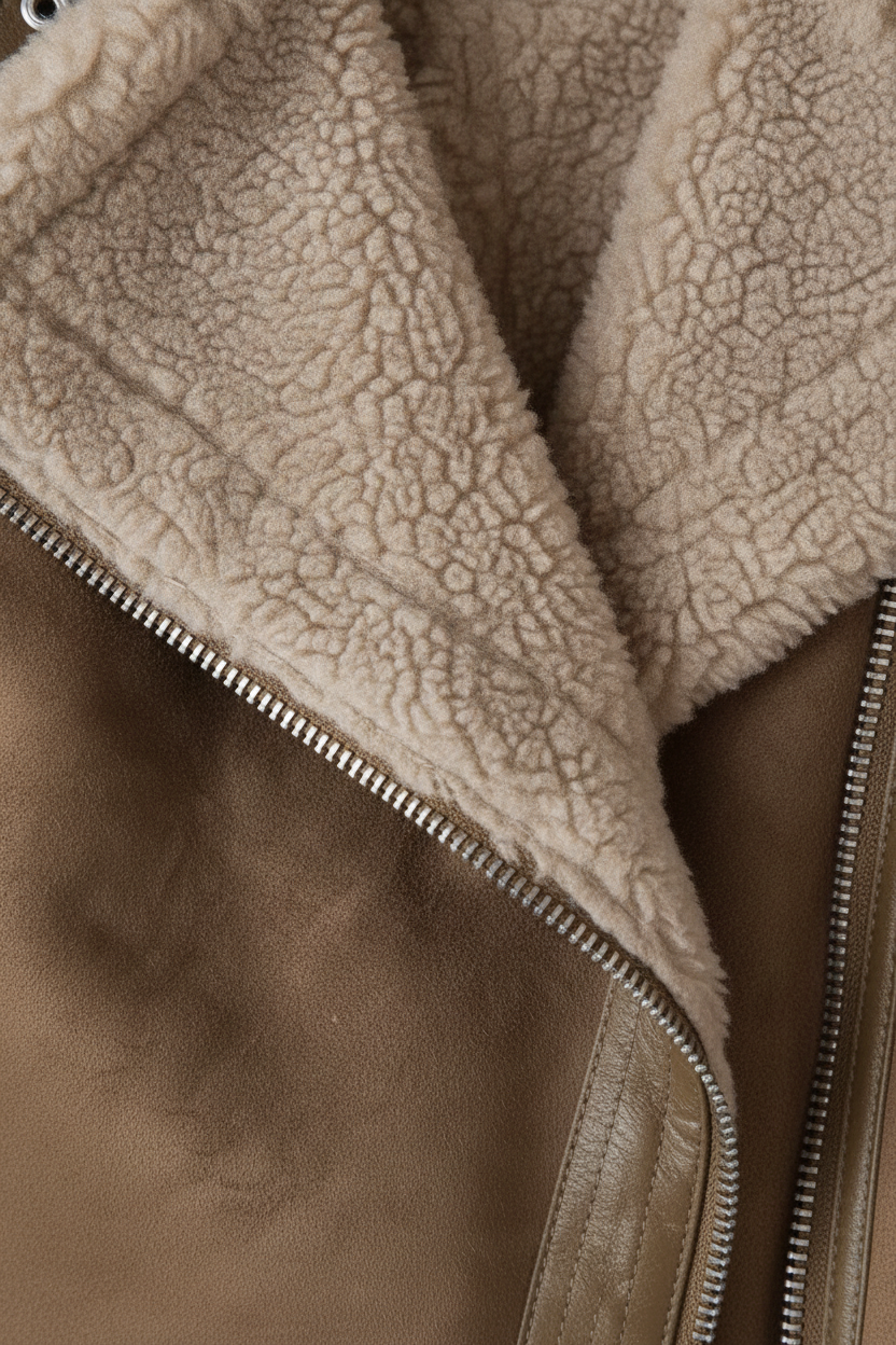 Suedelook Biker Jas — Zena – Taupe – detail