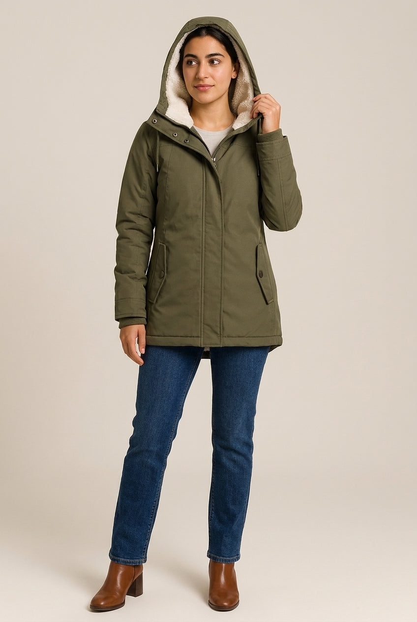 Winterjas met Capuchon en Bontrand — Puck – Olijf – vooraanzicht