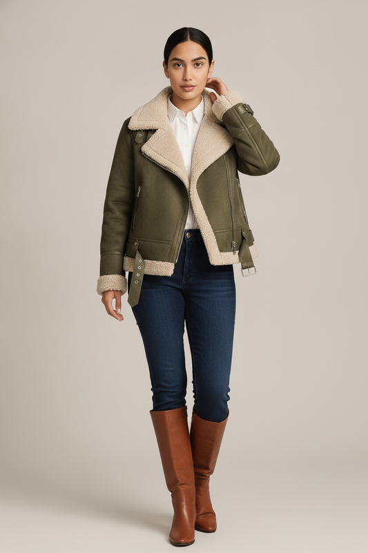 Suedelook Biker Jas — Zena – Taupe – vooraanzicht