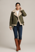 Suedelook Biker Jas — Zena – Taupe – vooraanzicht