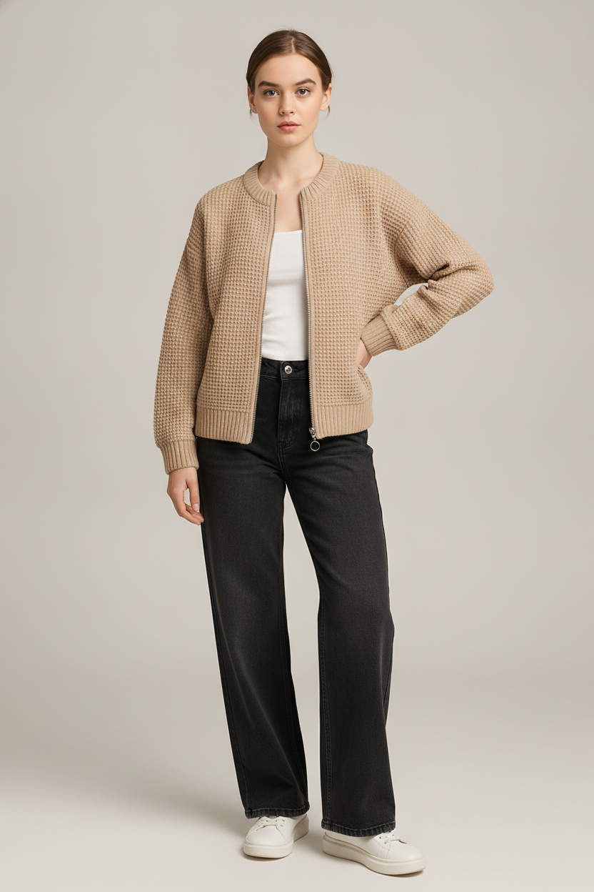 Gebreid Vest Dames met Rits – Cardigan met Ronde Hals — Solenne – Beige – vooraanzicht