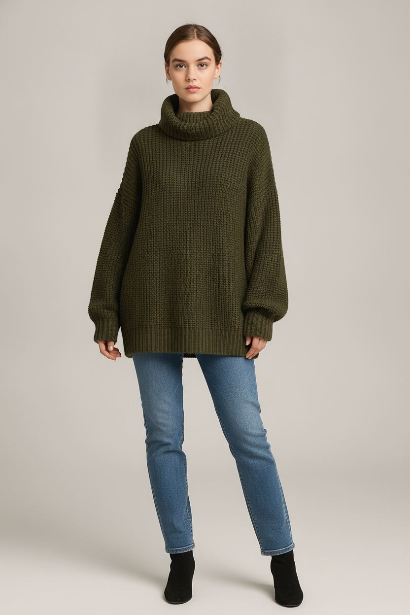 Grofgebreide Coltrui Dames – Oversized Wintertrui — Salome – Olijfgroen – vooraanzicht