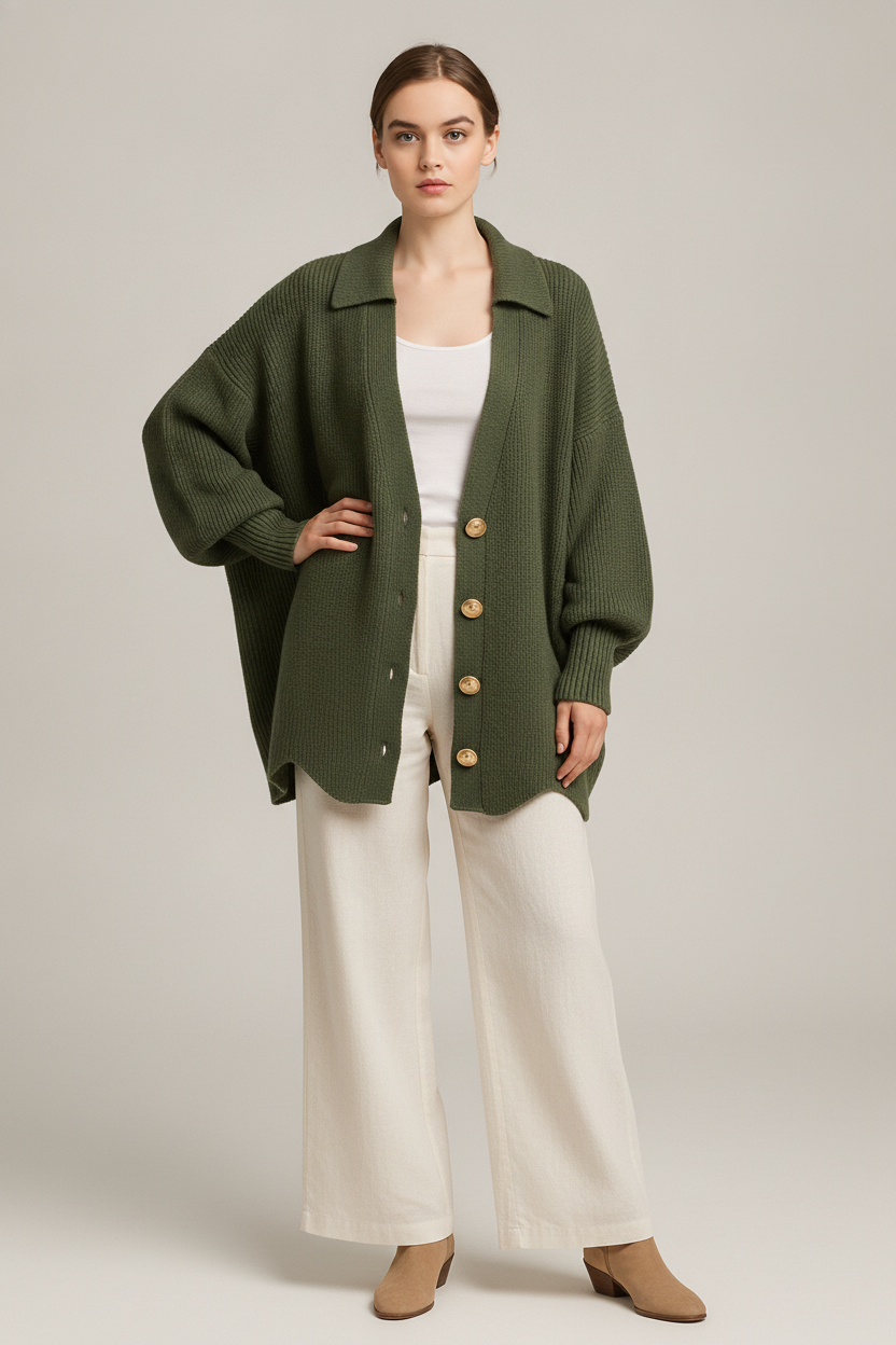 Oversized Gebreid Vest Dames – Cardigan met Grote Knopen — Norah – Olijfgroen – vooraanzicht