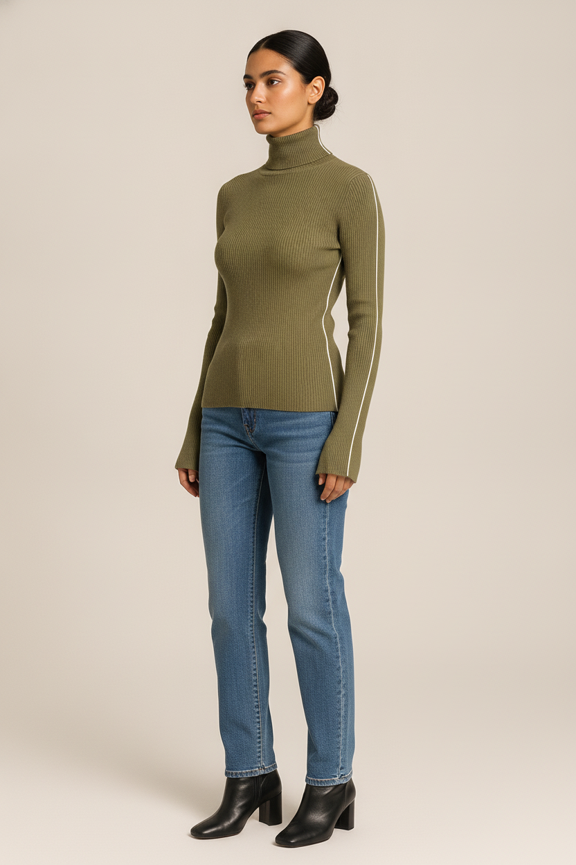 Fijngebreide Slim Fit Coltrui — Zola – Olijfgroen – vooraanzicht
