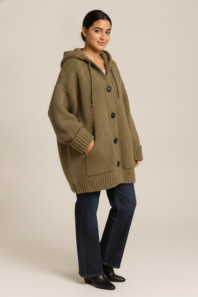 Gebreid Vest Dames met Capuchon – Oversized Cardigan — Isolde – Olijfgroen – vooraanzicht