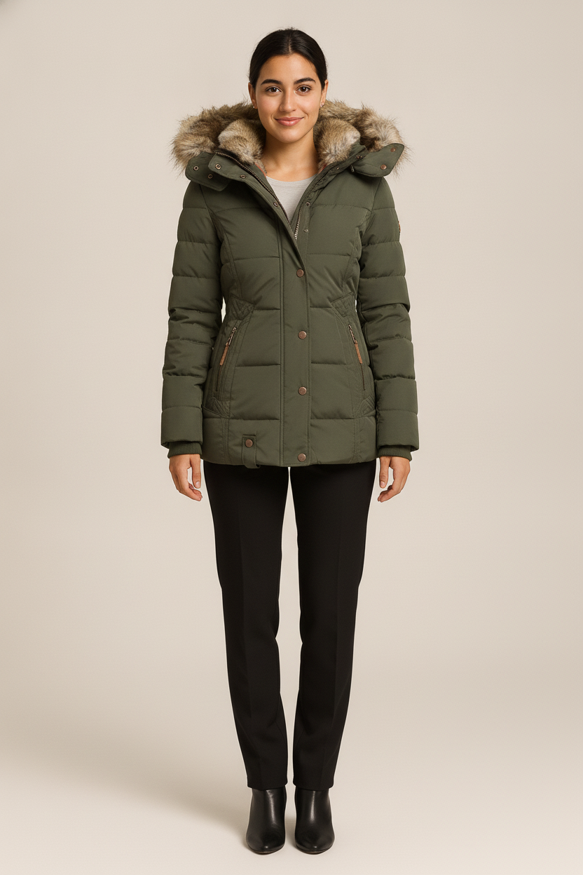 Winterjas Dames met Bontkraag – Warme Parka met Capuchon — Seraphina – Olijfgroen – vooraanzicht