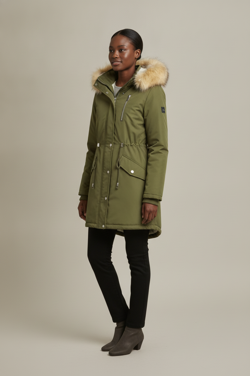 Parka Dames met Bontcapuchon – Gevoerde Winterjas — Alessia – Olijfgroen – vooraanzicht