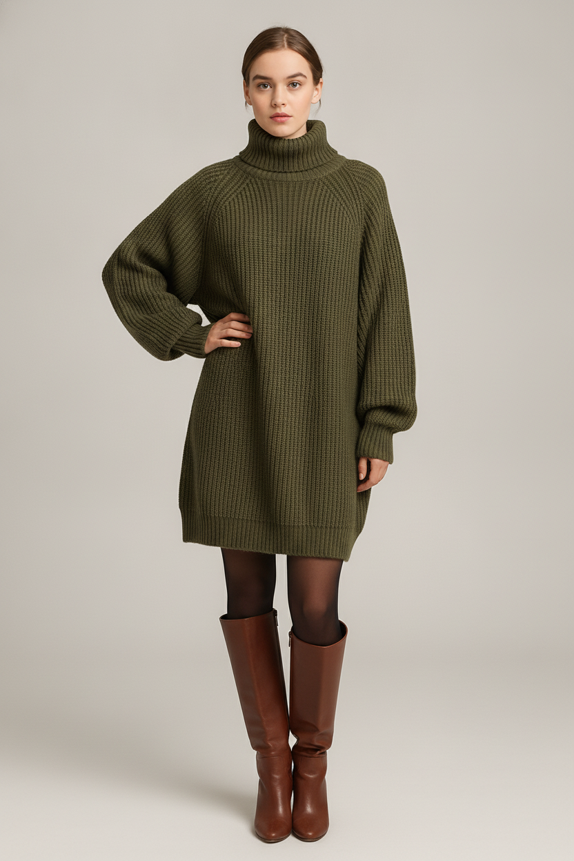 Truijurk Dames met Col – Oversized Ribgebreid — Ysolde – Olijfgroen – vooraanzicht