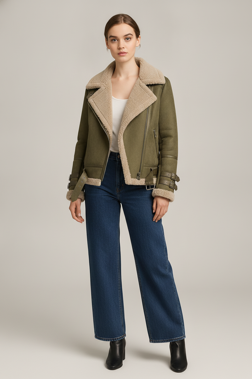 Aviator Jas Dames met Imitatiebont Kraag – Suèdelook — Astrid – Olijfgroen – vooraanzicht