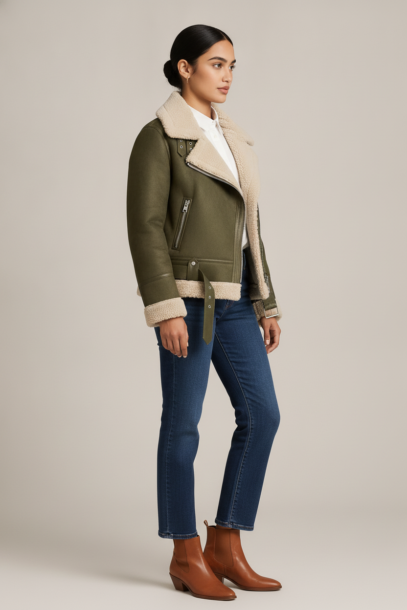 Suedelook Biker Jas — Zena – Taupe – zijaanzicht