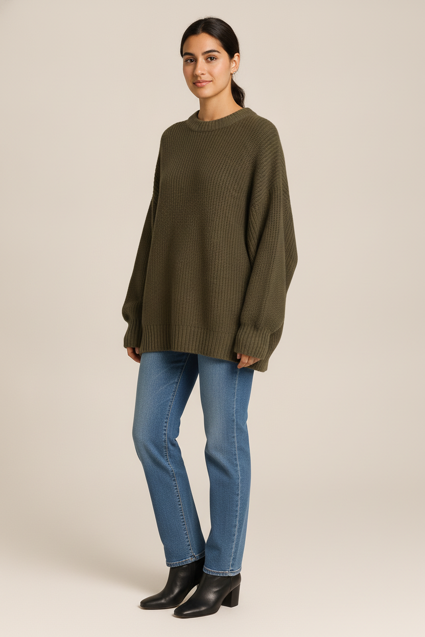 Oversized Gebreide Trui Dames – Zachte Pullover met Ronde Hals — Vivi – Olijfgroen – vooraanzicht