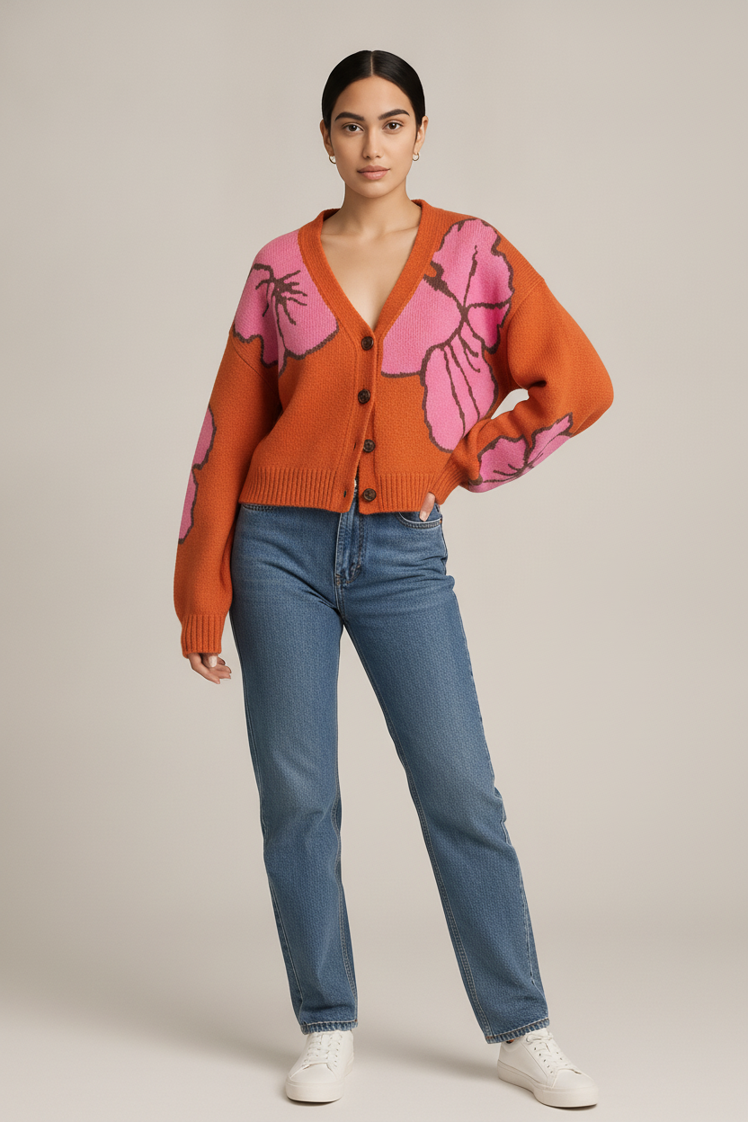Gebreid Vest Dames met Bloemen – Korte Jacquard Cardigan — Liv – Oranje – vooraanzicht