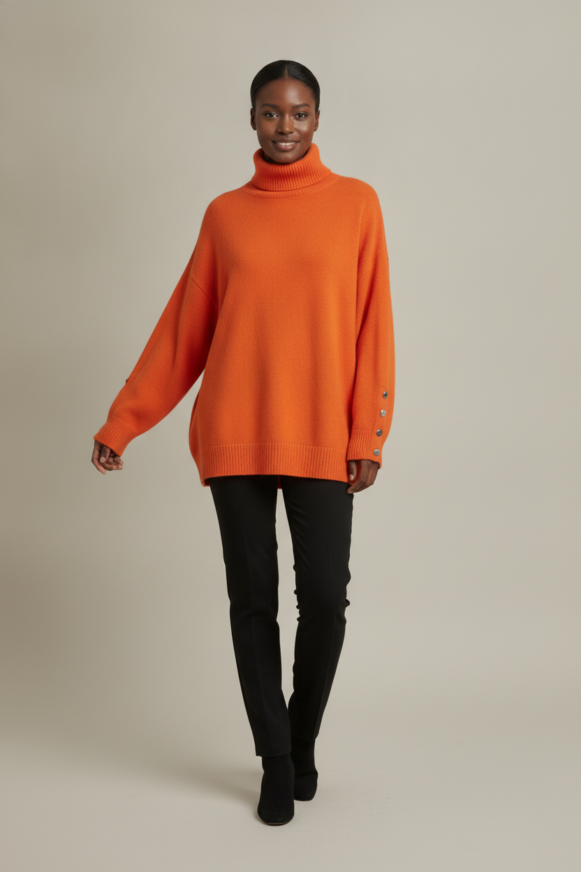 Coltrui Dames met Knoopjes op de Mouw – Oversized Col Trui — Tamsin – Oranje – vooraanzicht