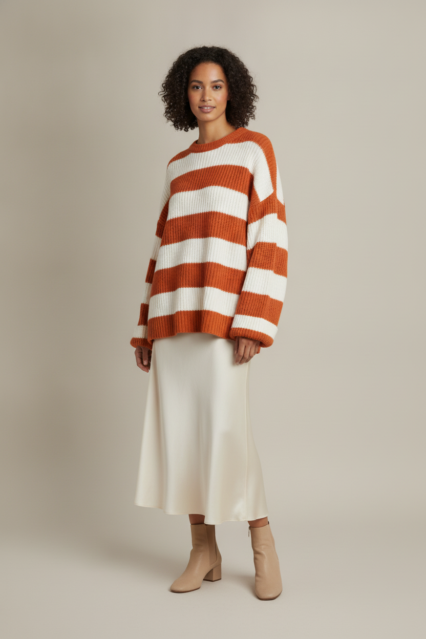 Gestreepte Trui Dames – Oversized Gebreide Trui met Ronde Hals — Kalea – Oranje – vooraanzicht