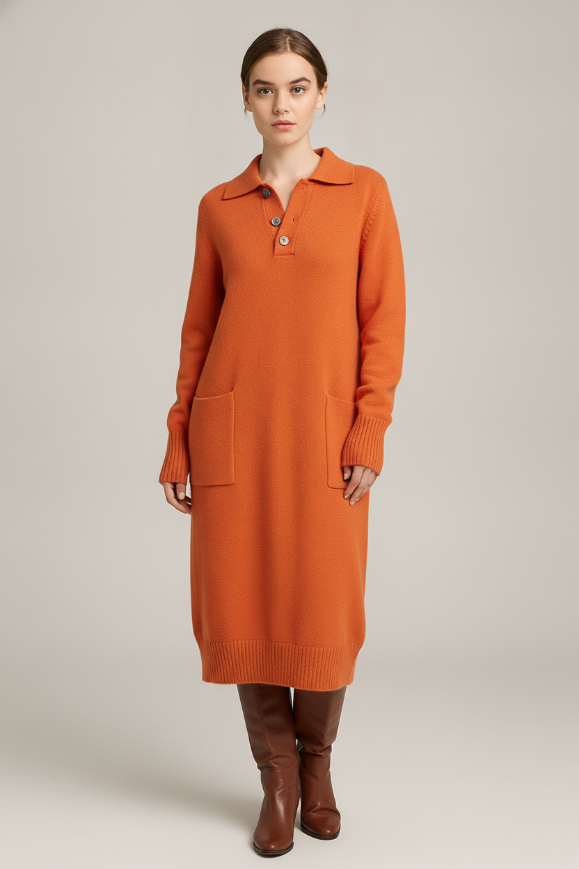 Truijurk Dames met Polokraag en Knopen – Midi Lengte — Lysandra – Oranje – vooraanzicht