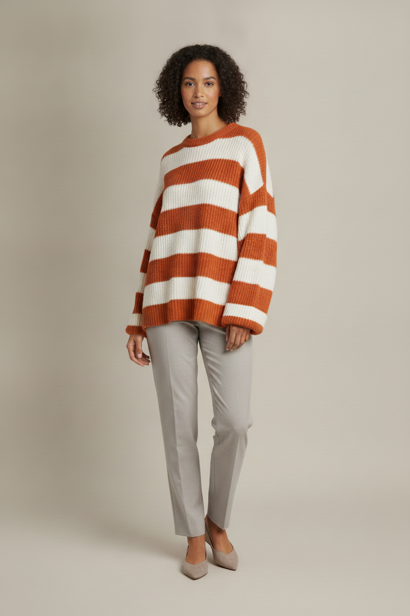 Gestreepte Trui Dames – Oversized Gebreide Trui met Ronde Hals — Kalea – Oranje – zijaanzicht