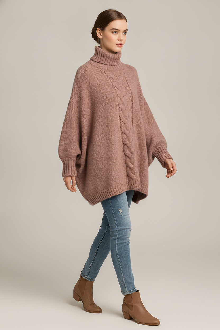 Kabeltrui Dames met Col – Oversized Poncho Trui — Ilka – Oudroze – vooraanzicht