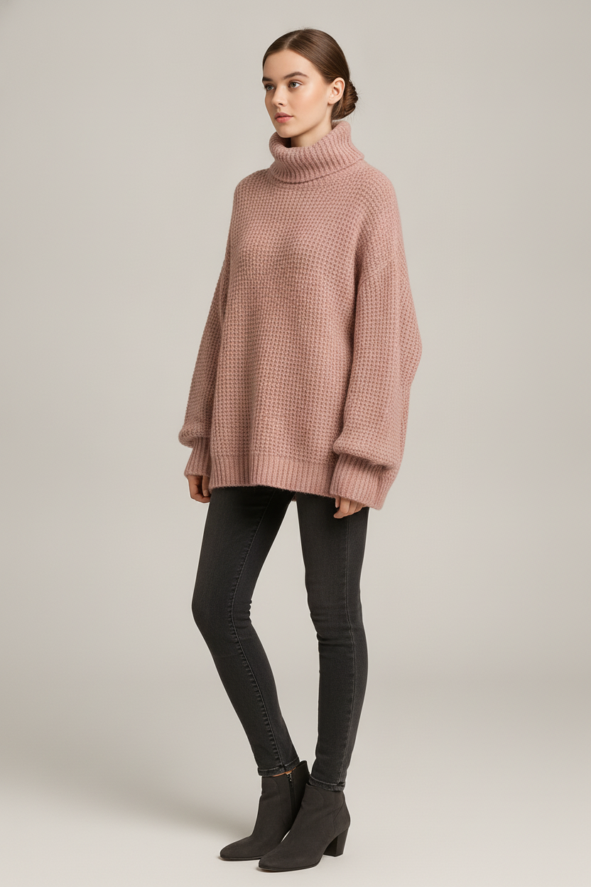 Coltrui Dames met Wafelstructuur – Oversized Gebreide Trui — Leontine – Oudroze – vooraanzicht