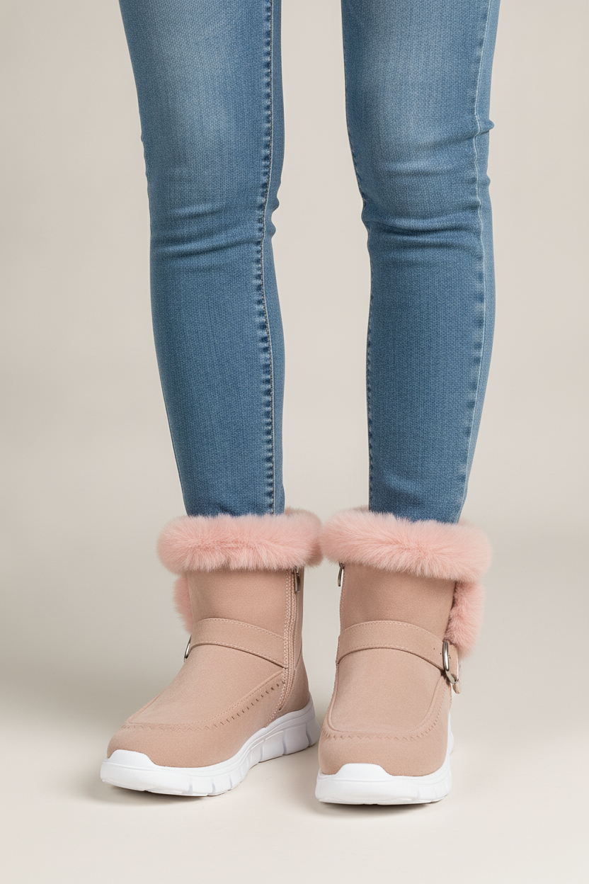 Gevoerde Snowboots Dames met Gesp – Imitatiebont Kraag — Saga – Oudroze – vooraanzicht