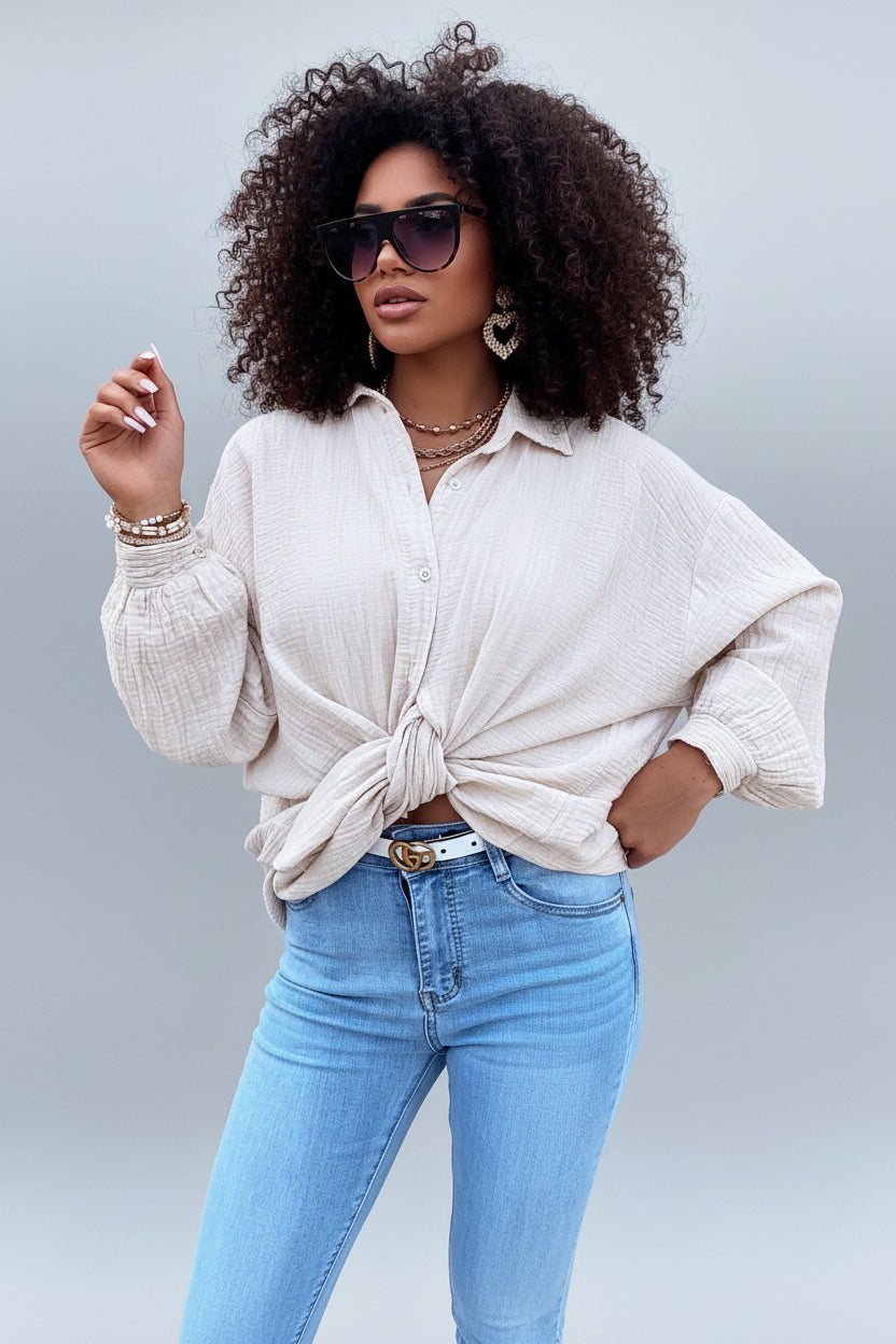 Oversized Mousseline Blouse Dames Beige Lang 100% Katoen | Talia