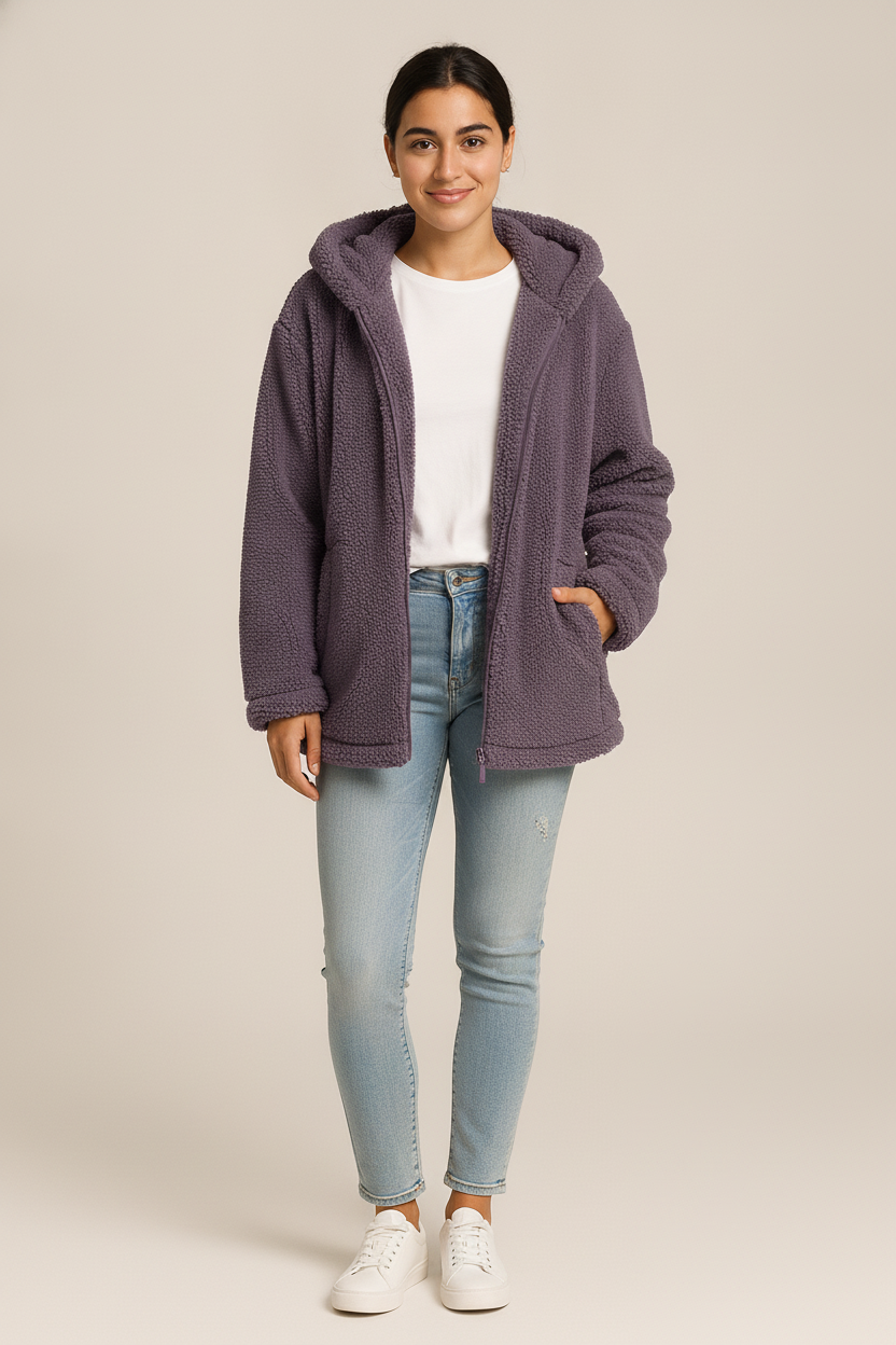 Teddy Jas Dames met Capuchon – Zacht Open Jack — Jara – Paars – vooraanzicht