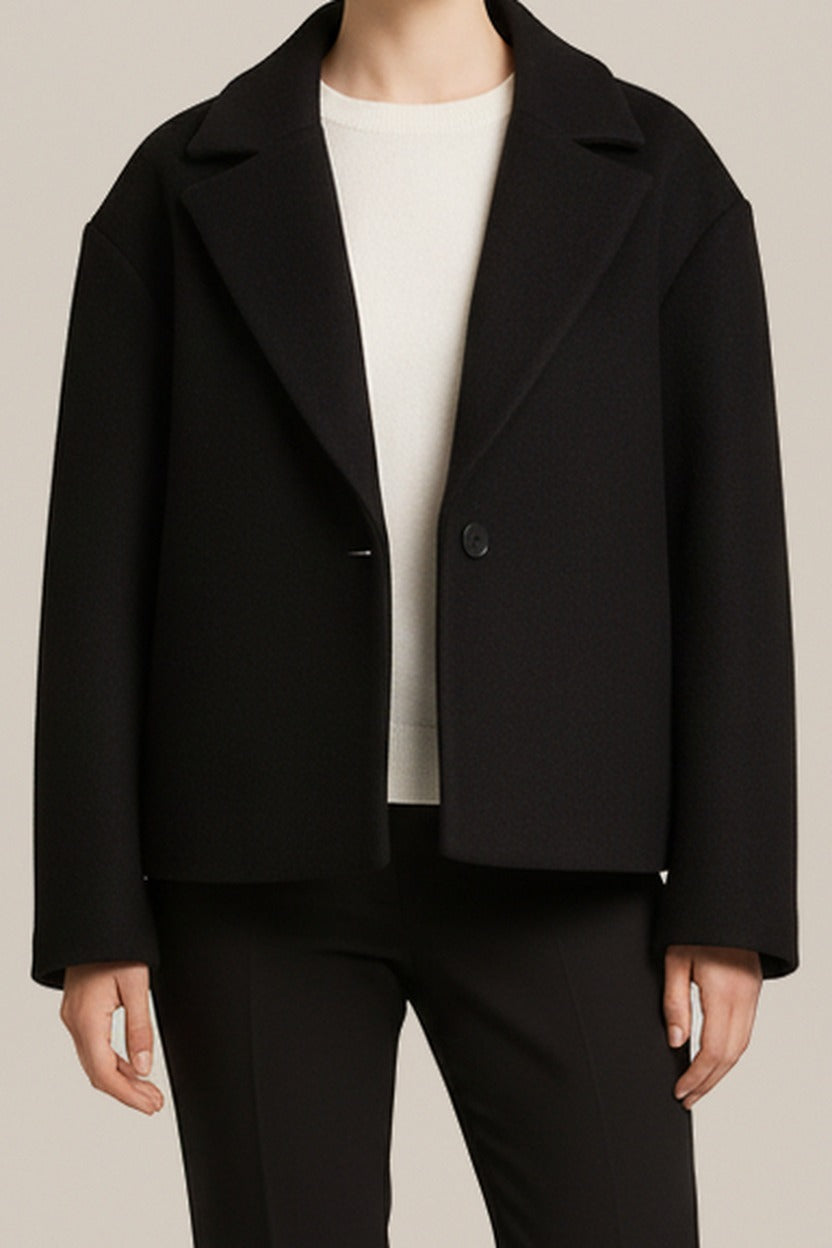 Korte Jas Dames met Brede Revers – Jasje in Wollook in zwart – detail