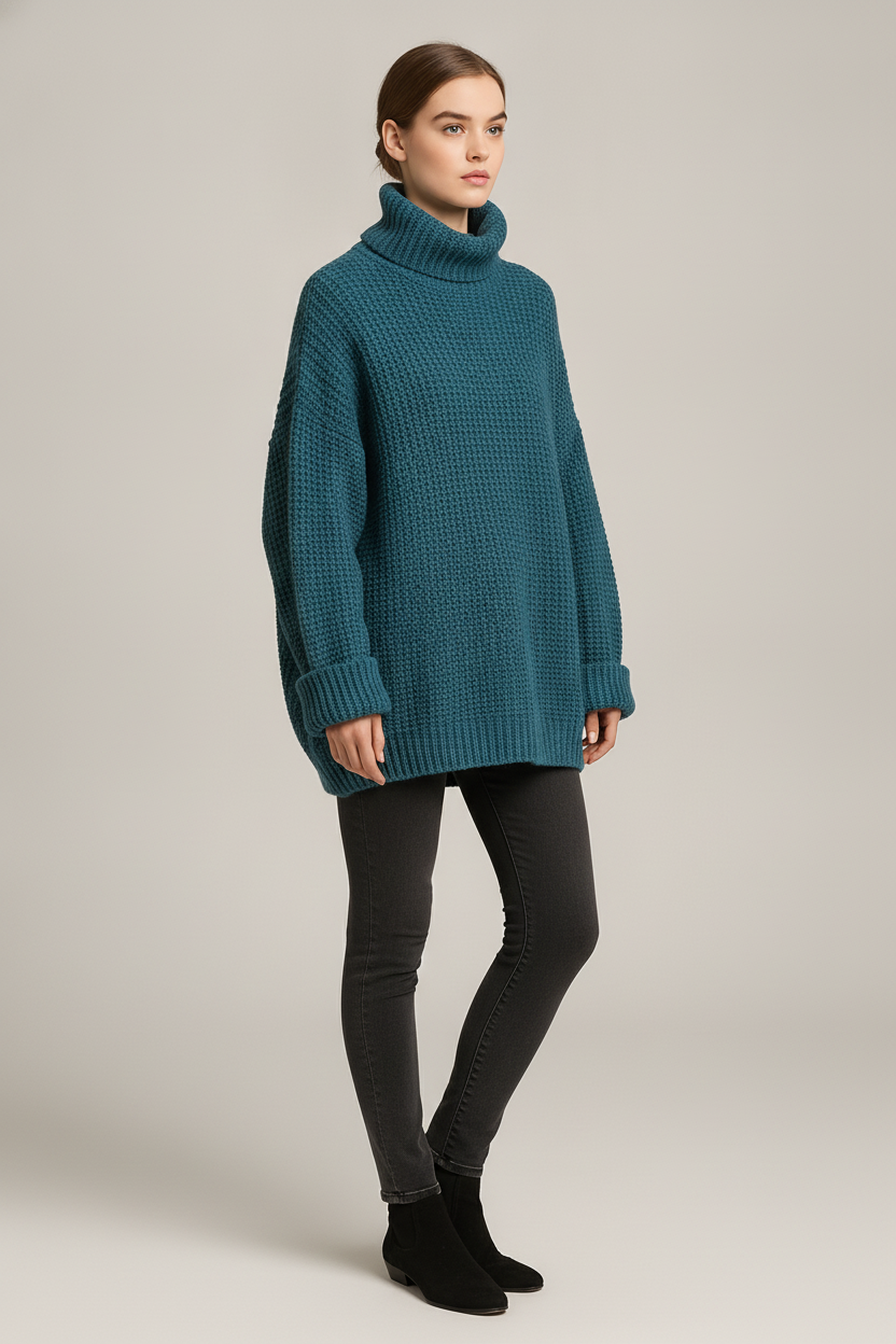 Coltrui Dames met Wafelstructuur – Oversized Gebreide Trui — Leontine – Petrol – vooraanzicht