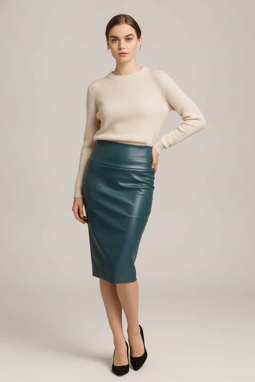 Kokerrok Dames in Leerlook – Midi Lengte met Hoge Taille — Avelina – Petrol – vooraanzicht