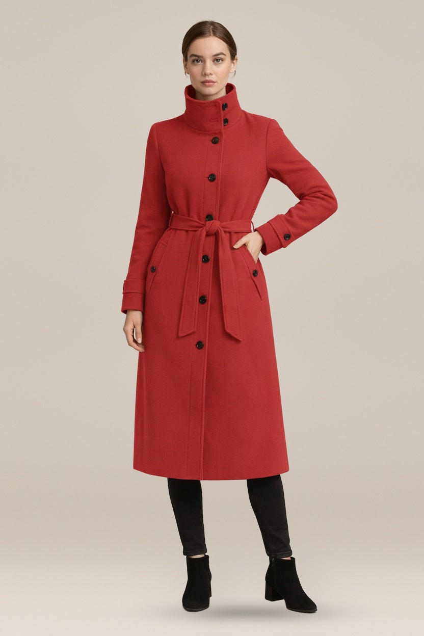 Lange Jas Dames met Hoge Kraag en Ceintuur – Wollook Mantel — Philine in Rood – vooraanzicht
