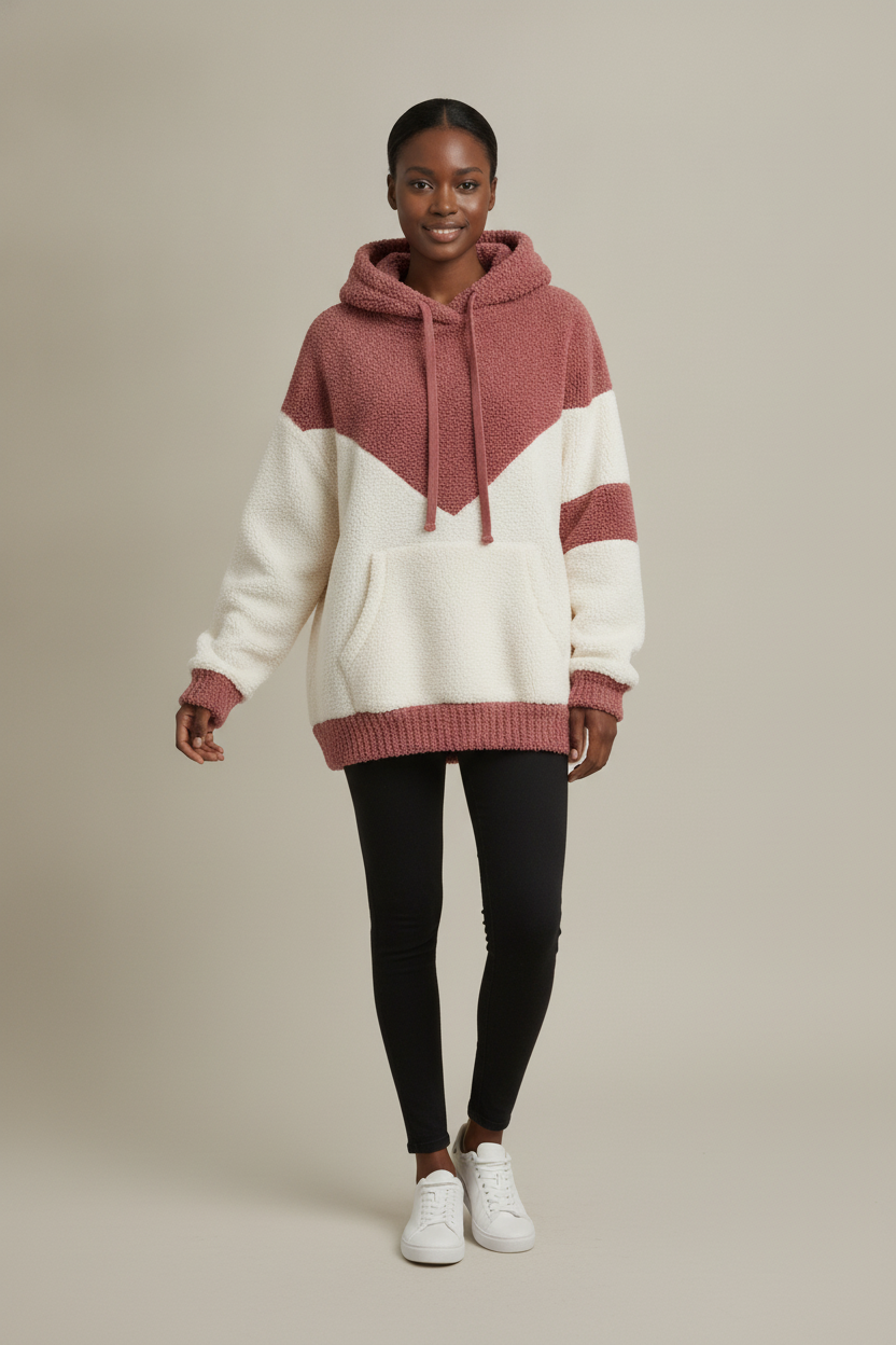 Teddy Hoodie Dames met Colorblock – Pluizige Capuchontrui — Solana – Oudroze – vooraanzicht