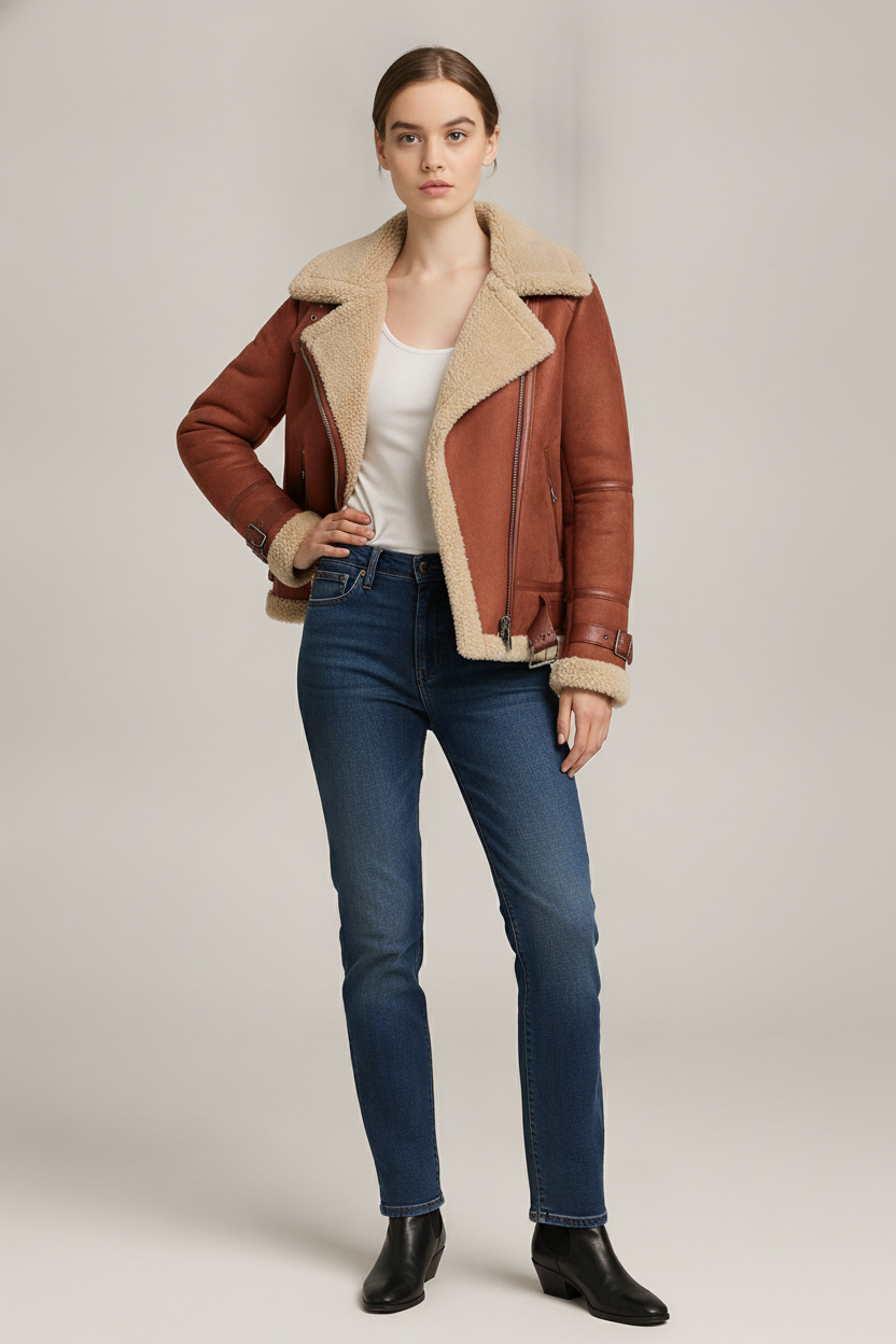 Aviator Jas Dames met Imitatiebont Kraag – Suèdelook — Astrid – Roest – vooraanzicht
