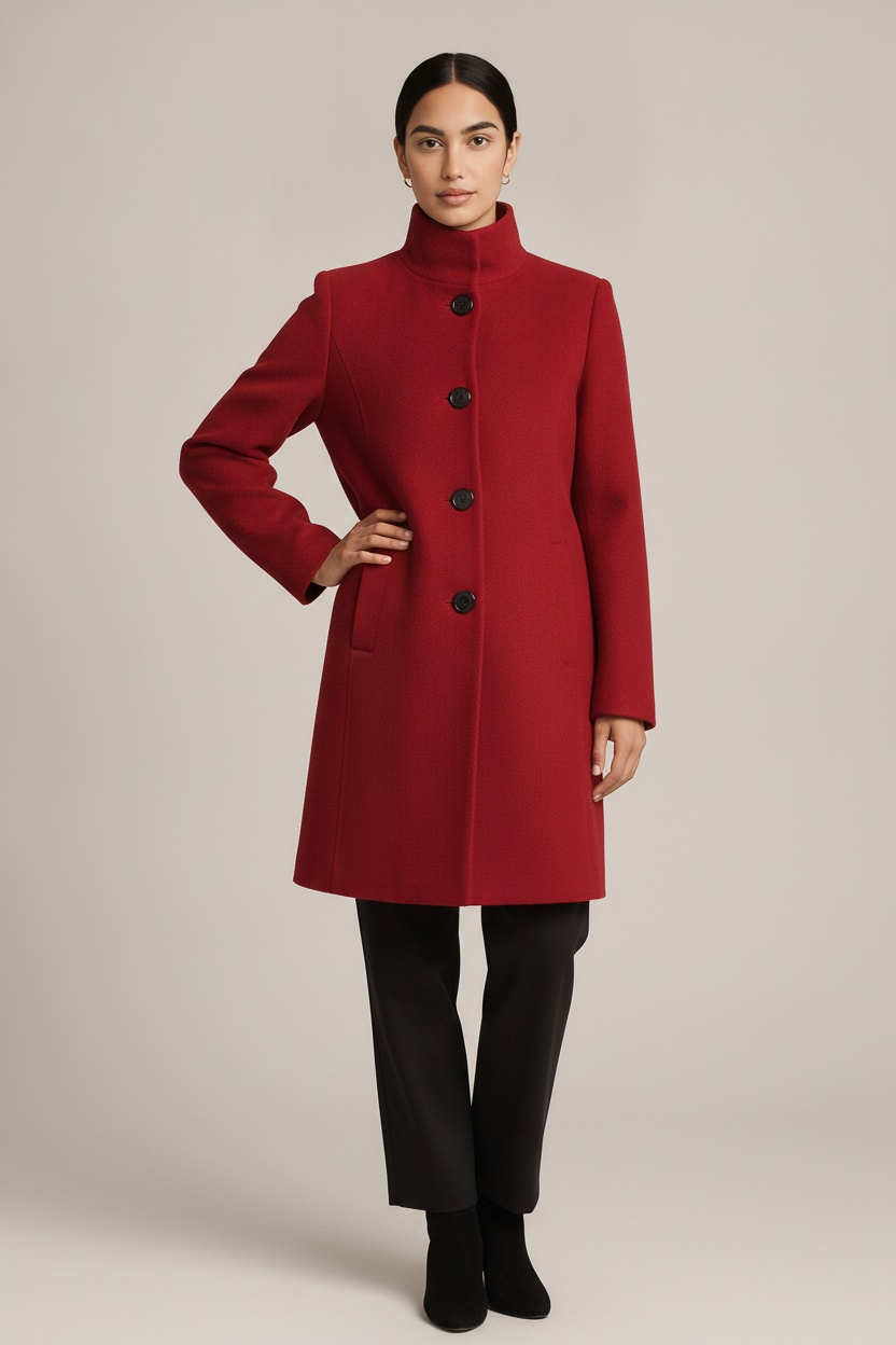 Mantel Dames met Opstaande Kraag – Midi Tussenjas — Carmela – Rood – vooraanzicht