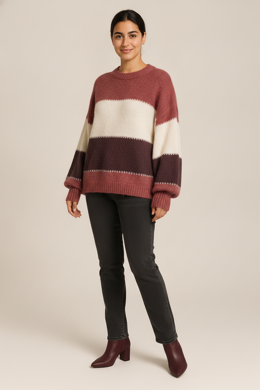 Gestreepte Trui Dames – Gebreide Colorblock Pullover — Ottavia – Rood – vooraanzicht