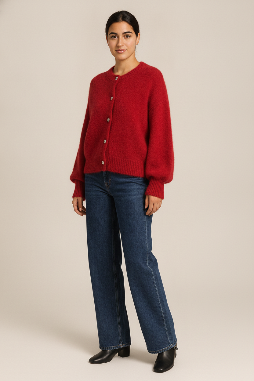 Gebreid Vest Dames met Ronde Hals – Vintage Cardigan — Adira – Rood – vooraanzicht