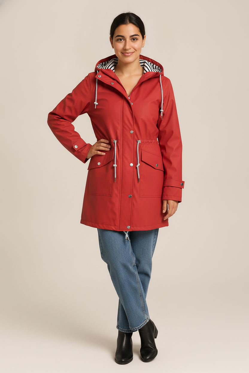 Regenjas Dames met Capuchon – Waterafstotend met Trekkoord — Imara – Rood – vooraanzicht