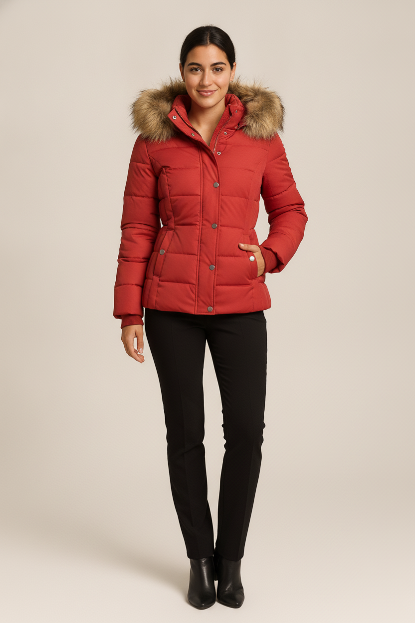 Winterjas Dames met Bontkraag – Warme Parka met Capuchon — Seraphina – Rood – vooraanzicht