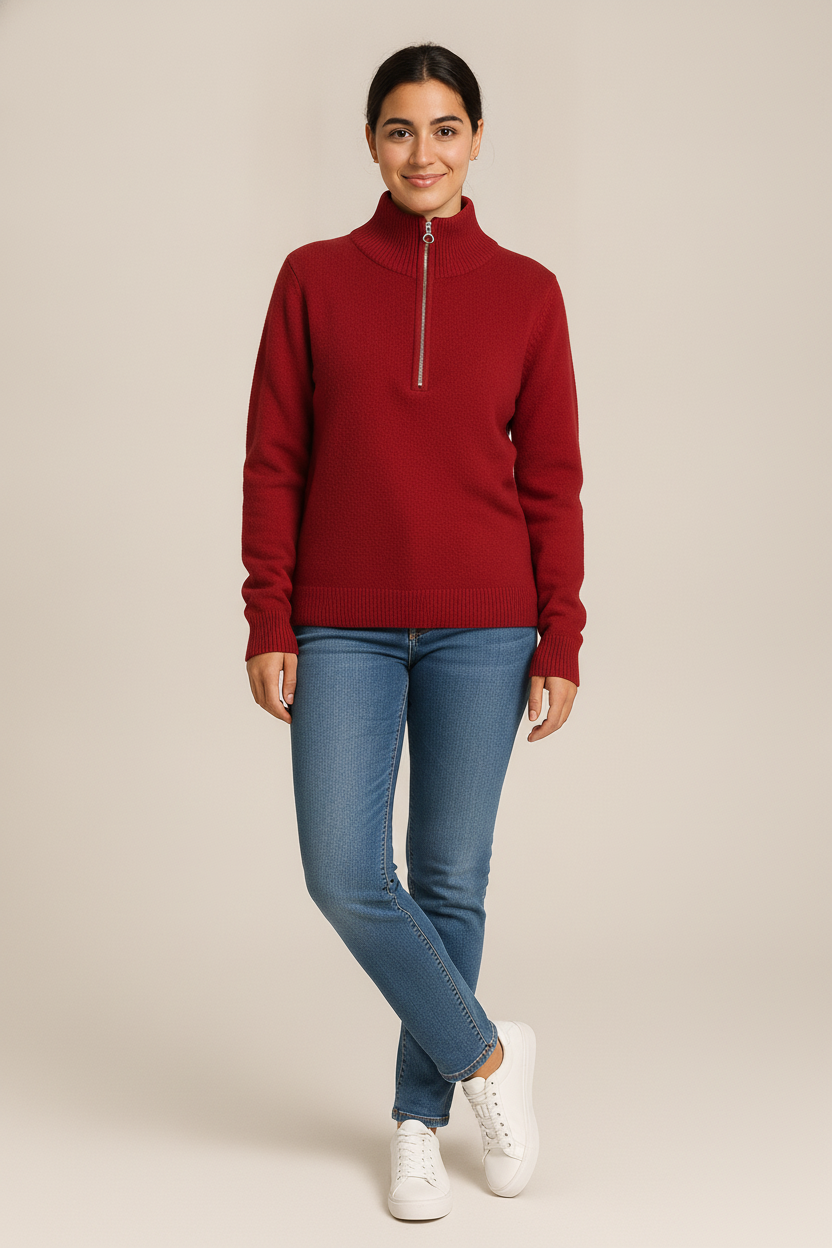 Trui Dames met Halve Rits – Pullover met Kraag — Talara – Rood – vooraanzicht